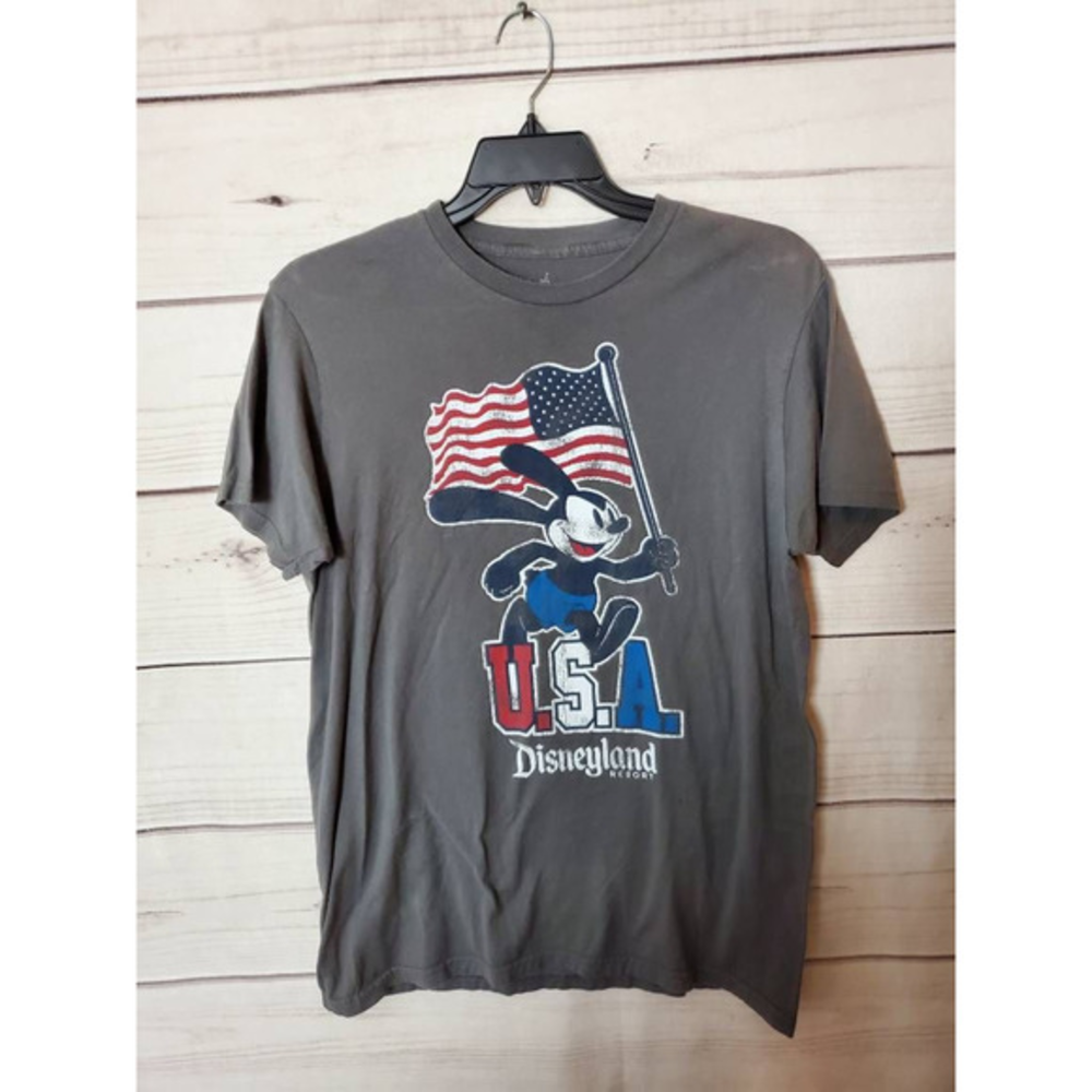 World Original Mickey Mouse Holding‎ USA Flag Mens Hanes Graphic Tee Gray Blue L